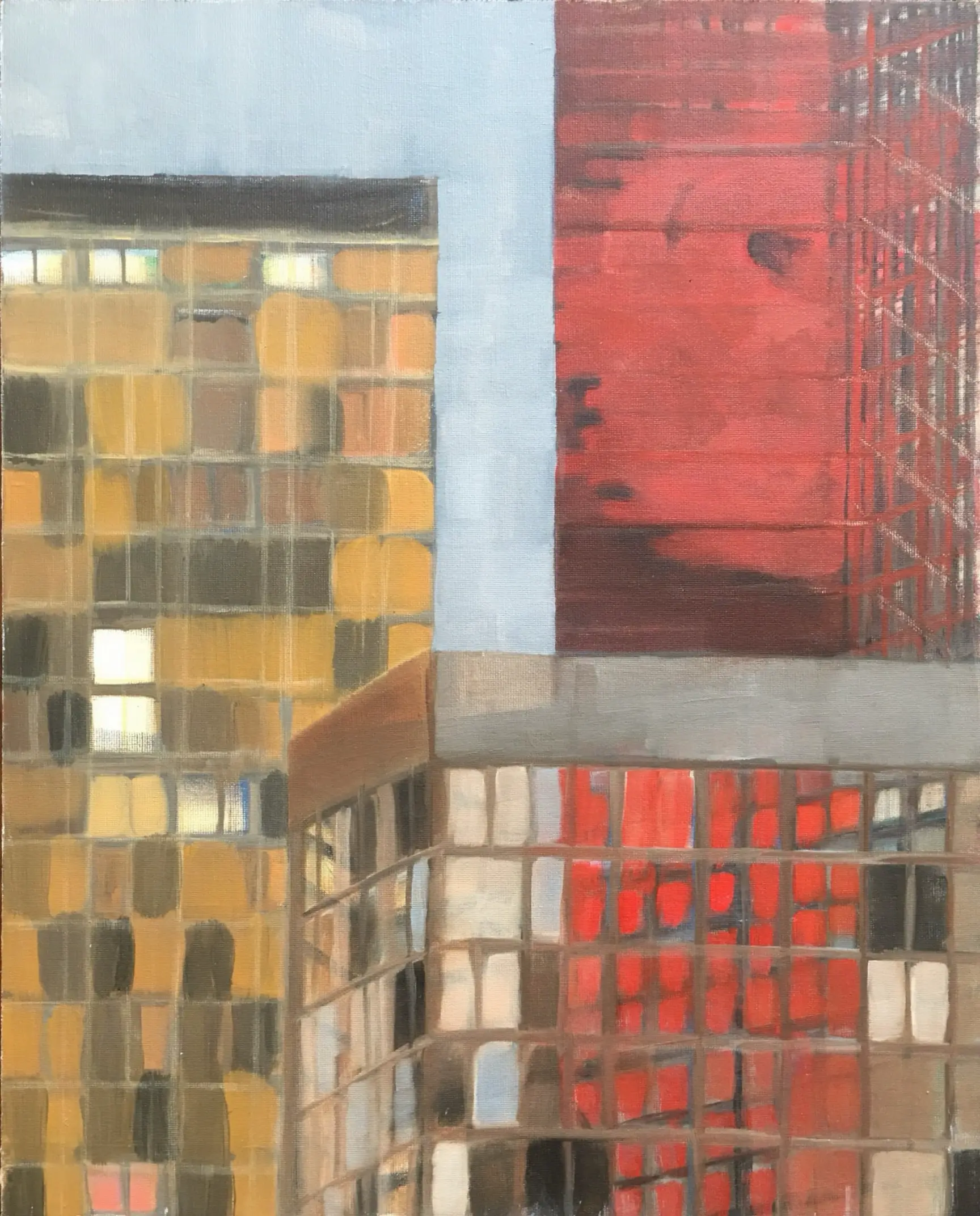 Three buildings oil painting by Britta Hedberg, 33x41 cm
