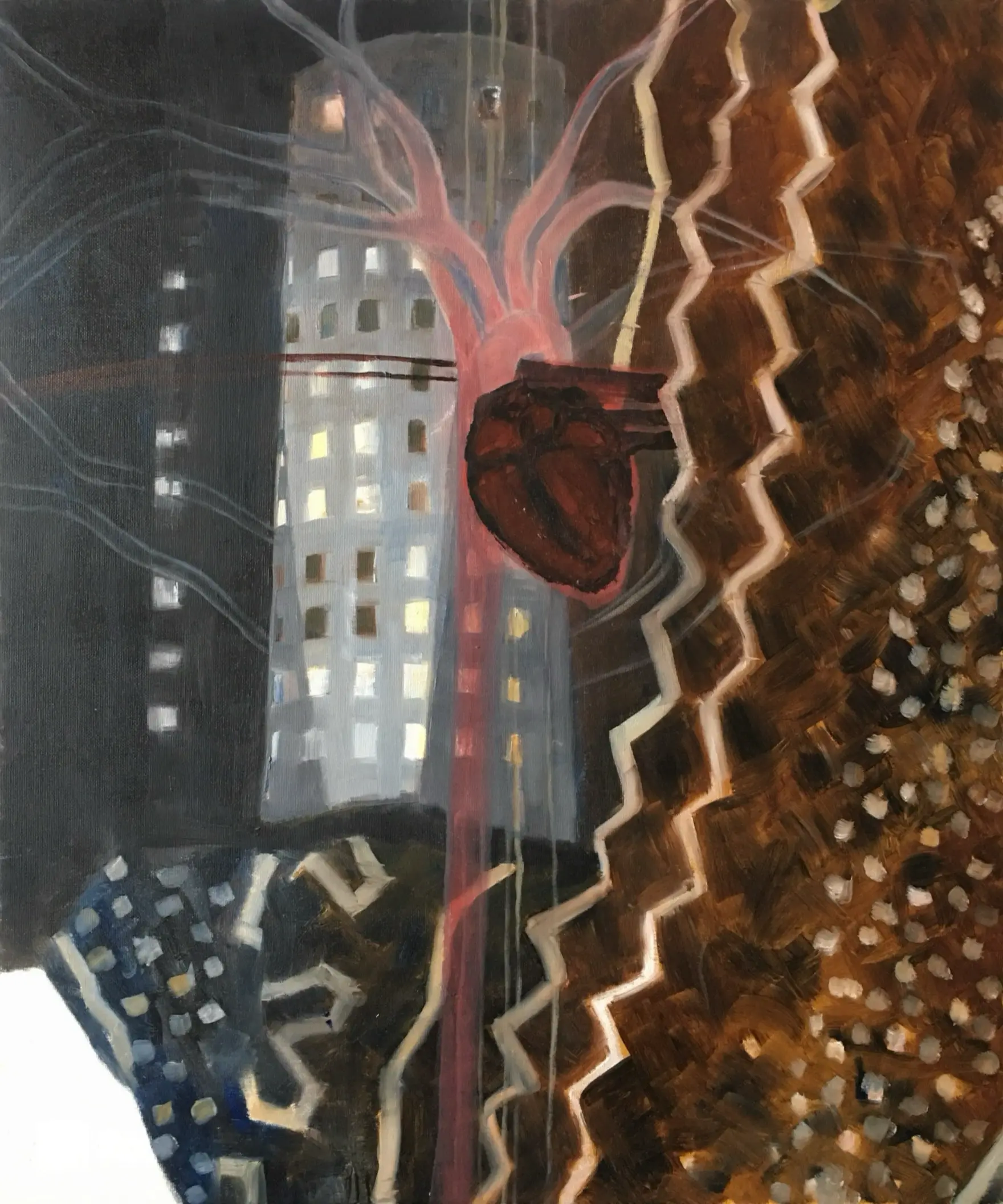 Building heart & bogolan oil painting by Britta Hedberg, 50x62 cm